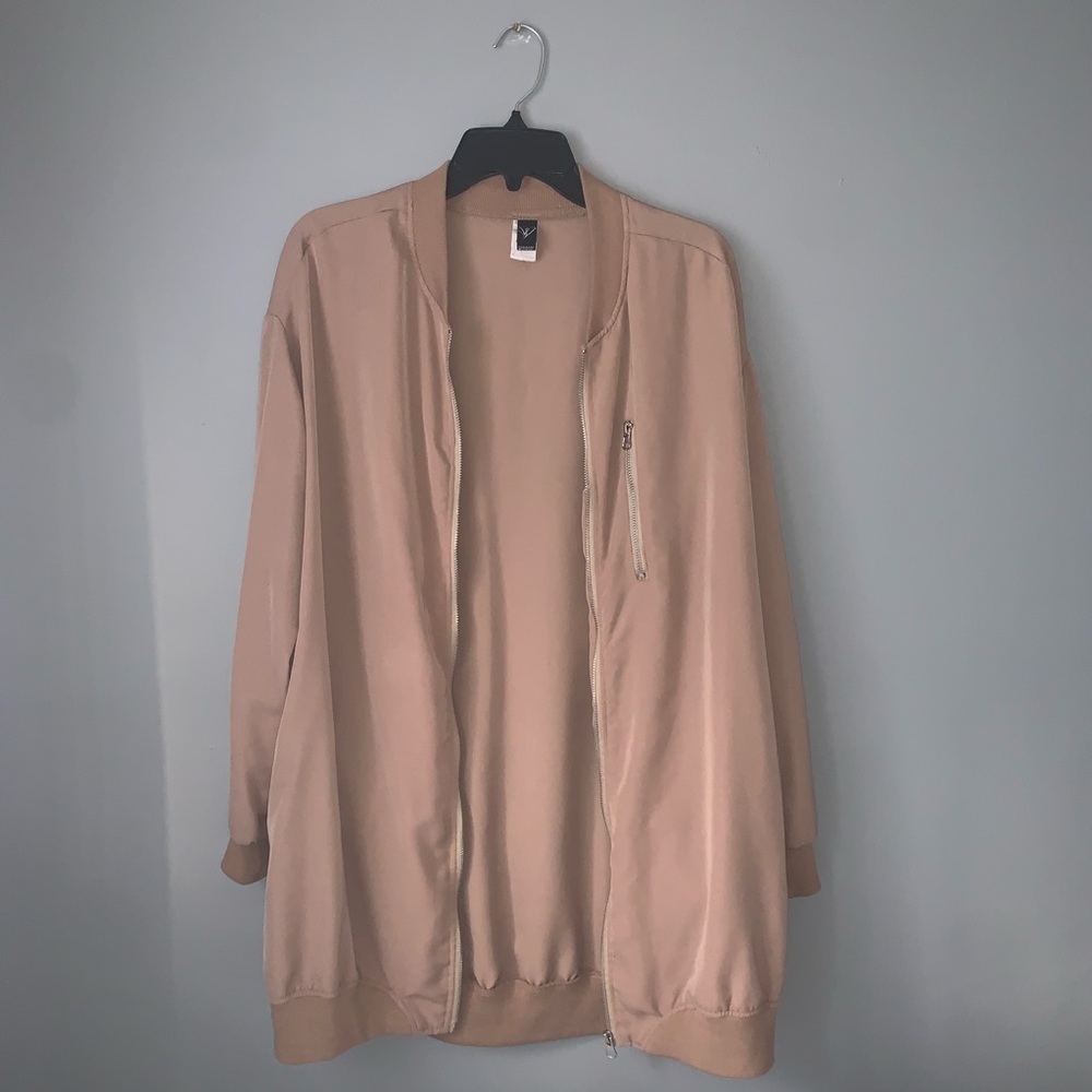 Tan oversized bomber jacket
